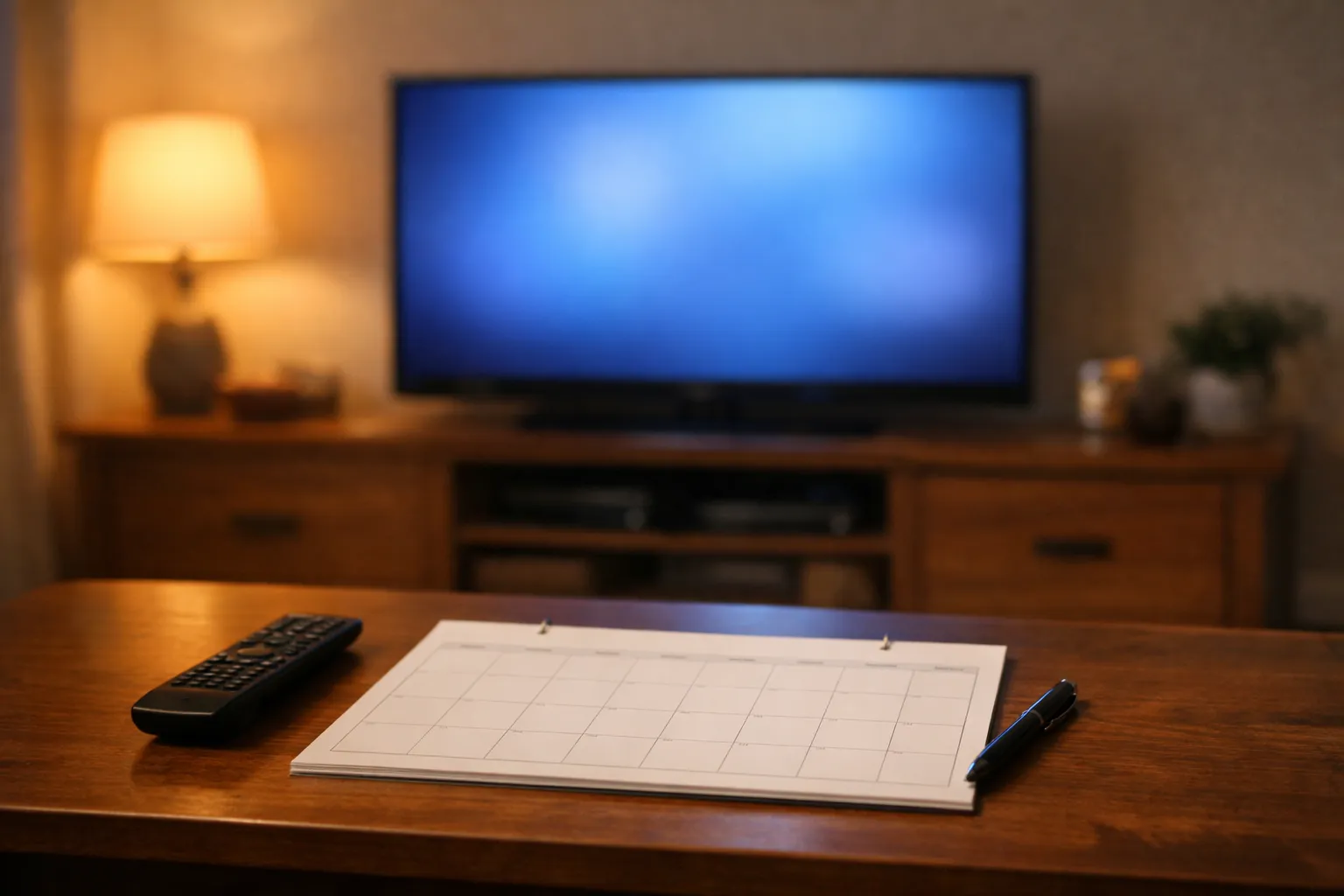 A TV on a wooden stand with a blank paper wall calendar and a remote on the coffee table