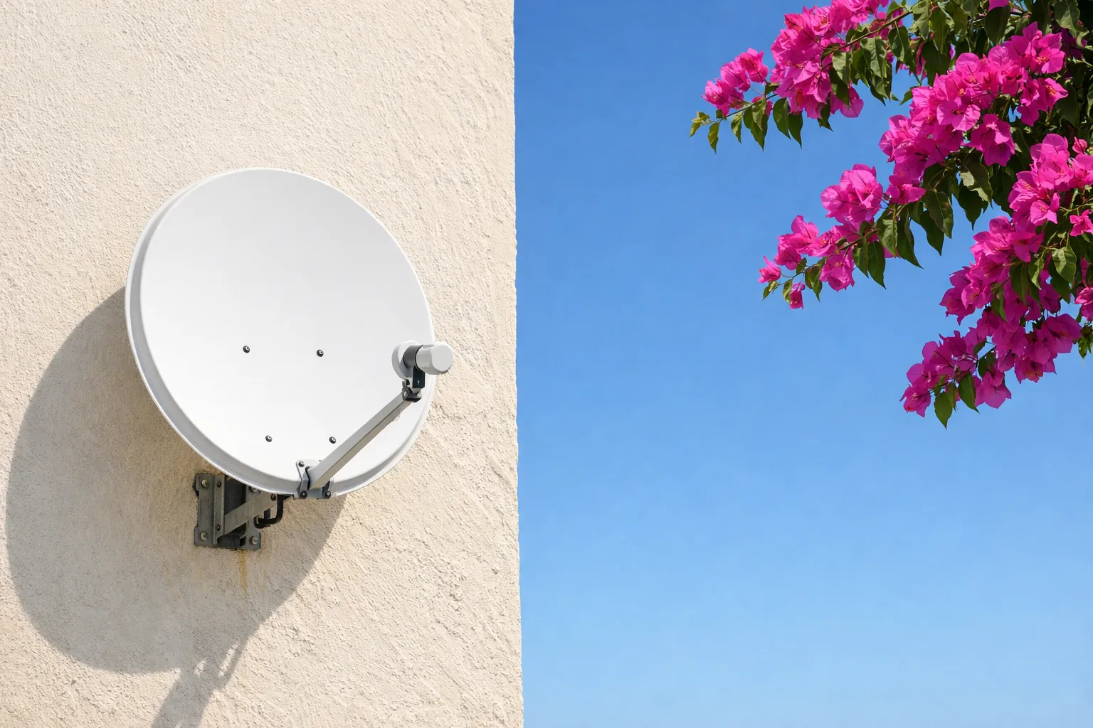 A satellite dish on a sunlit wall under a clear African sky