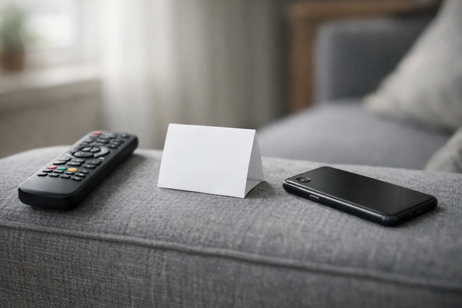 A TV remote on a sofa arm beside a folded blank note and a phone lying face down