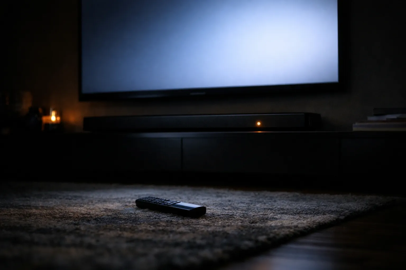 A soundbar beneath a wall-mounted TV in a dim living room
