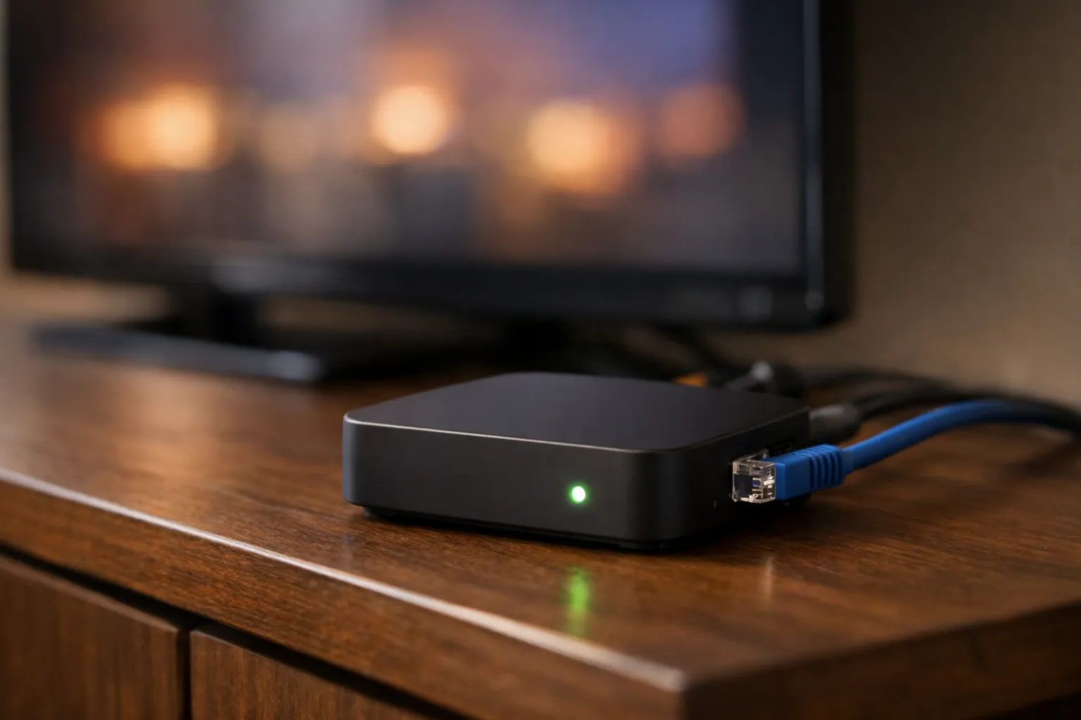 A compact set-top box with a network cable on a TV cabinet