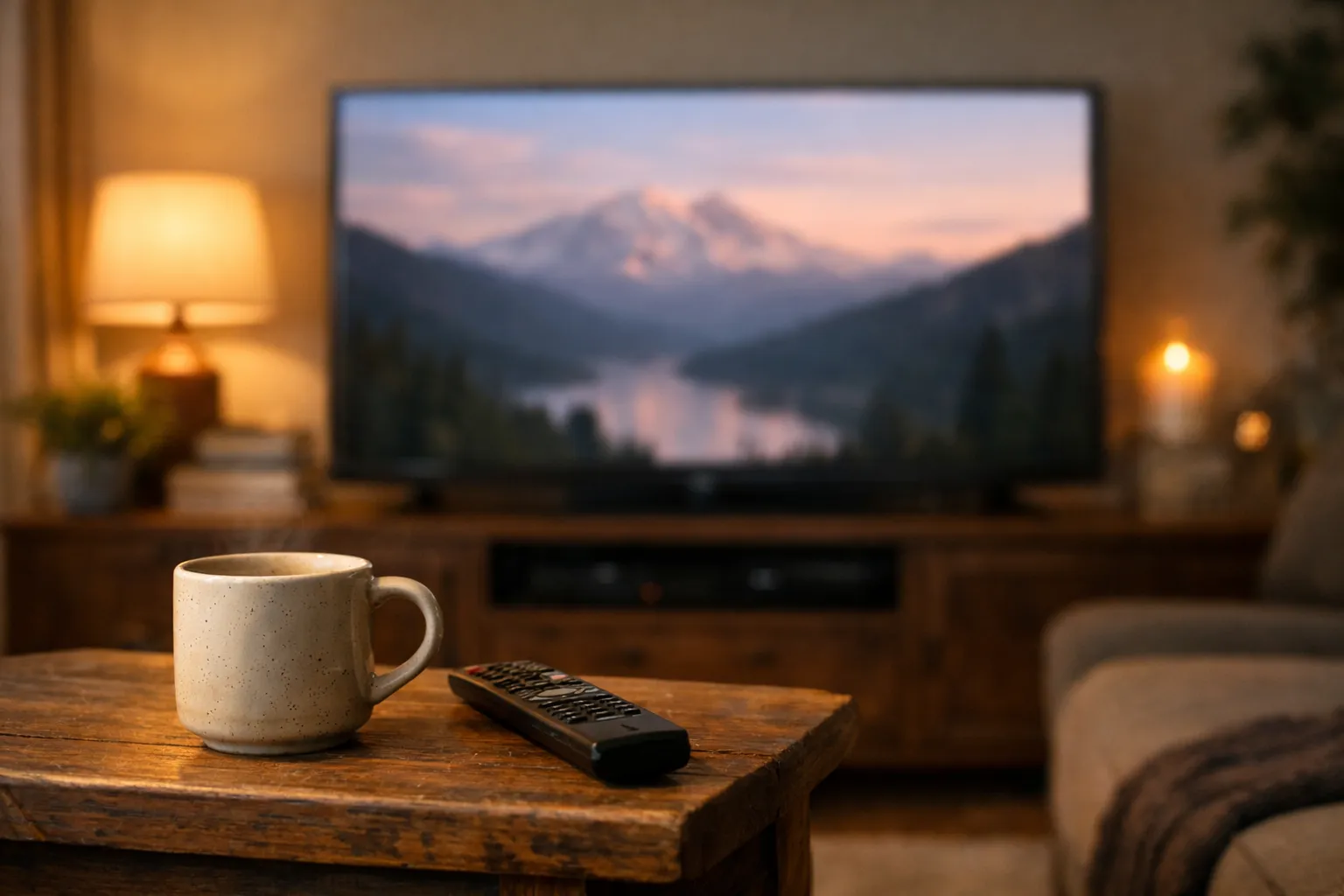A cozy living room with a TV showing a soft-focus landscape, a mug and remote on a side table