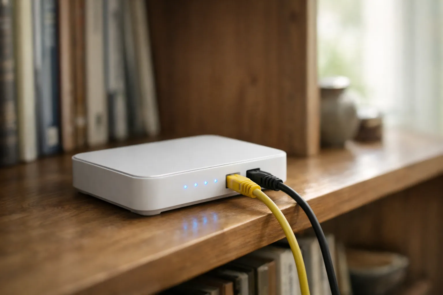 A home router on a shelf with Ethernet cables plugged in